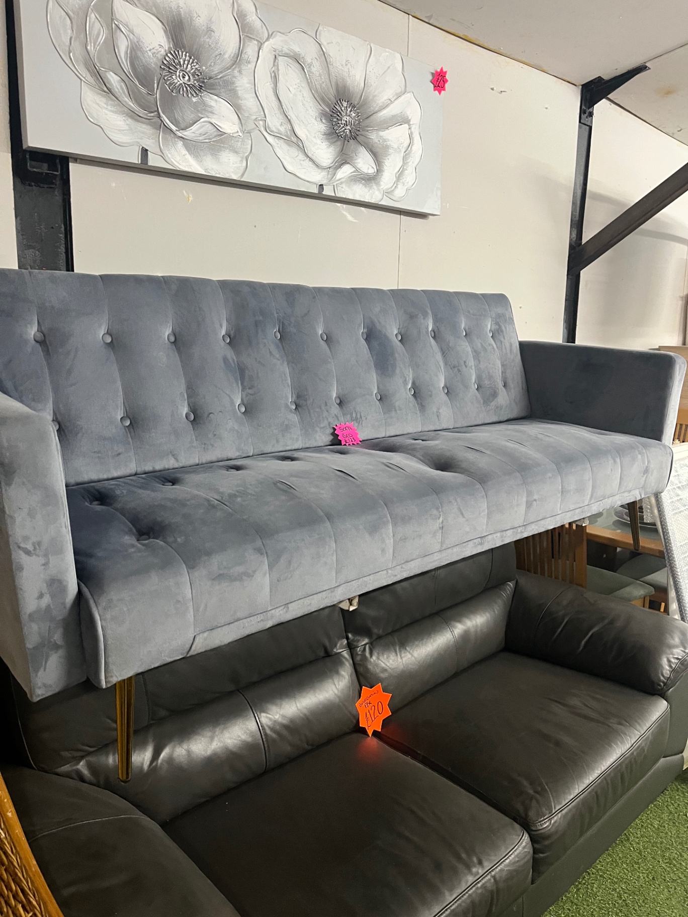 Grey Velvet Tufted Sofa Bed — Gold Legs