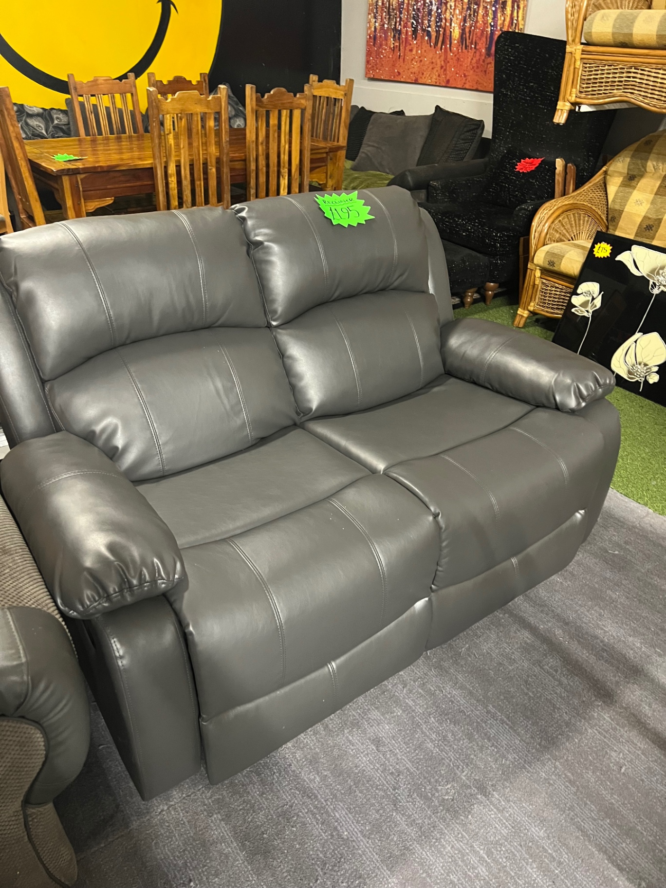 Grey Leather Two-Seater Recliner Sofa
